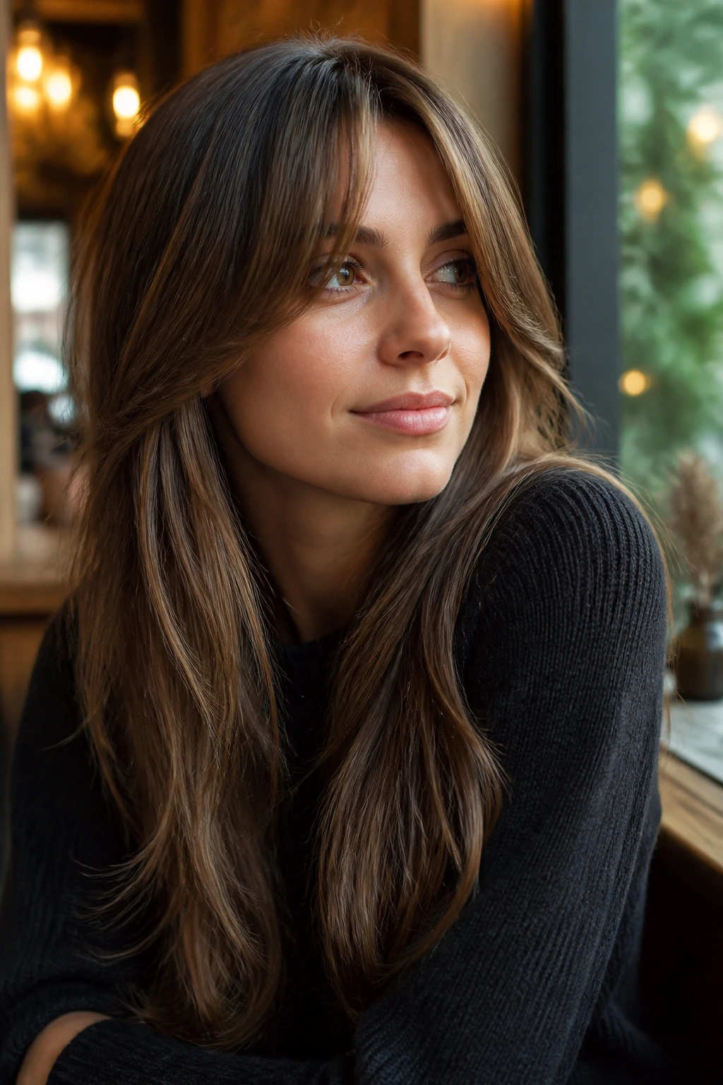 Close-up portrait of a real woman with long bangs center peak
