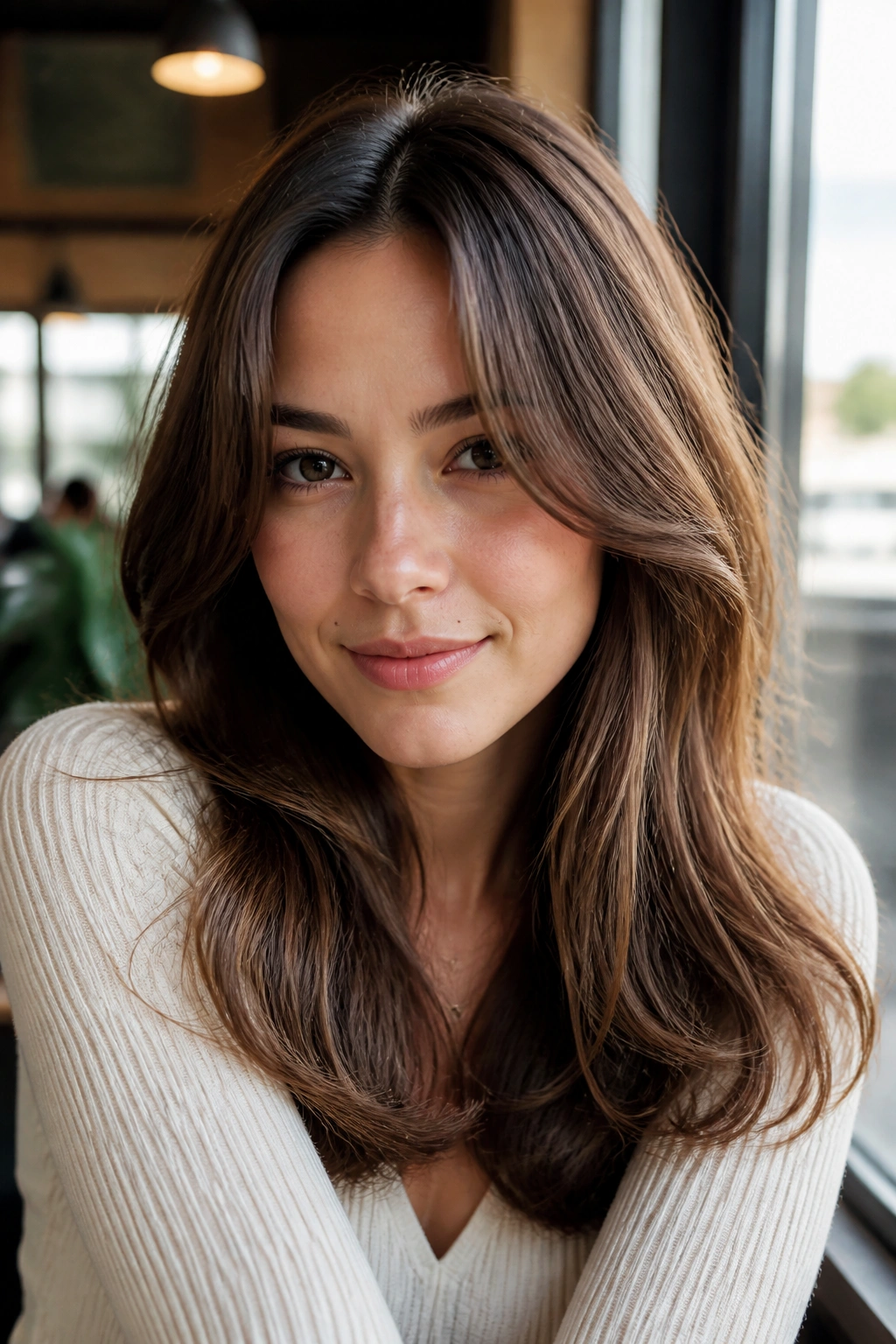Portrait of a real woman with center-split face-framing bangs by a window.