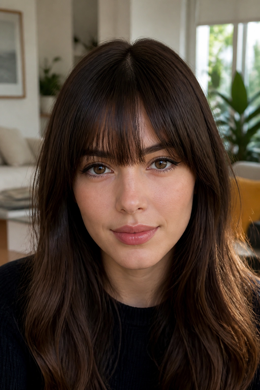 Real woman with center-weighted fringe in stylish daylight
