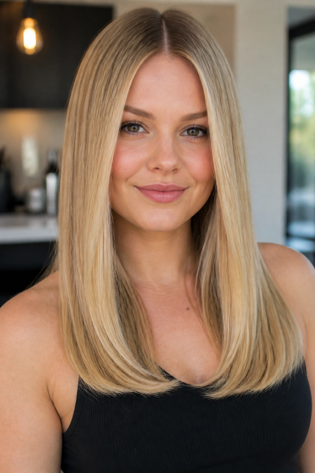 Close-up of a real woman with sleek center-part blonde hair for a round face