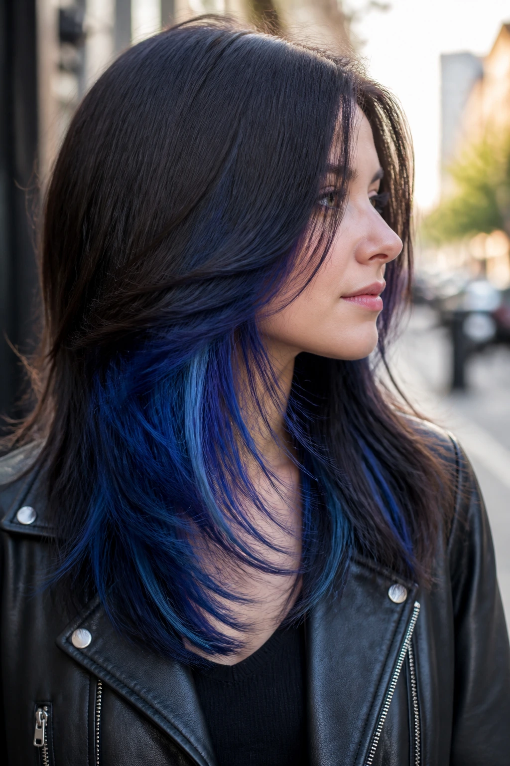 Portrait of a woman with cerulean underlayers peeking through layered hair
