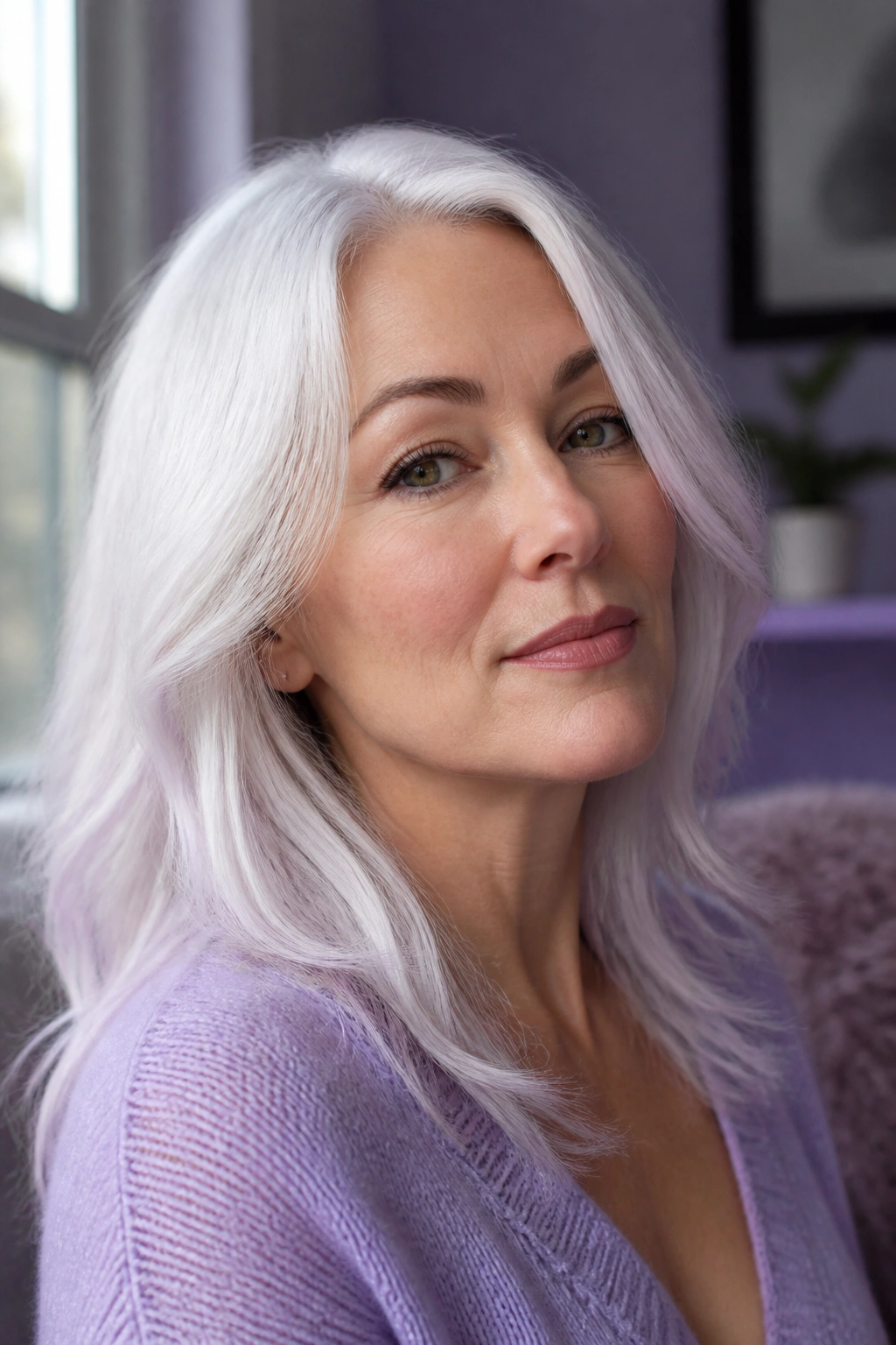 Close-up of a person with chalk white hair and a subtle violet tint.