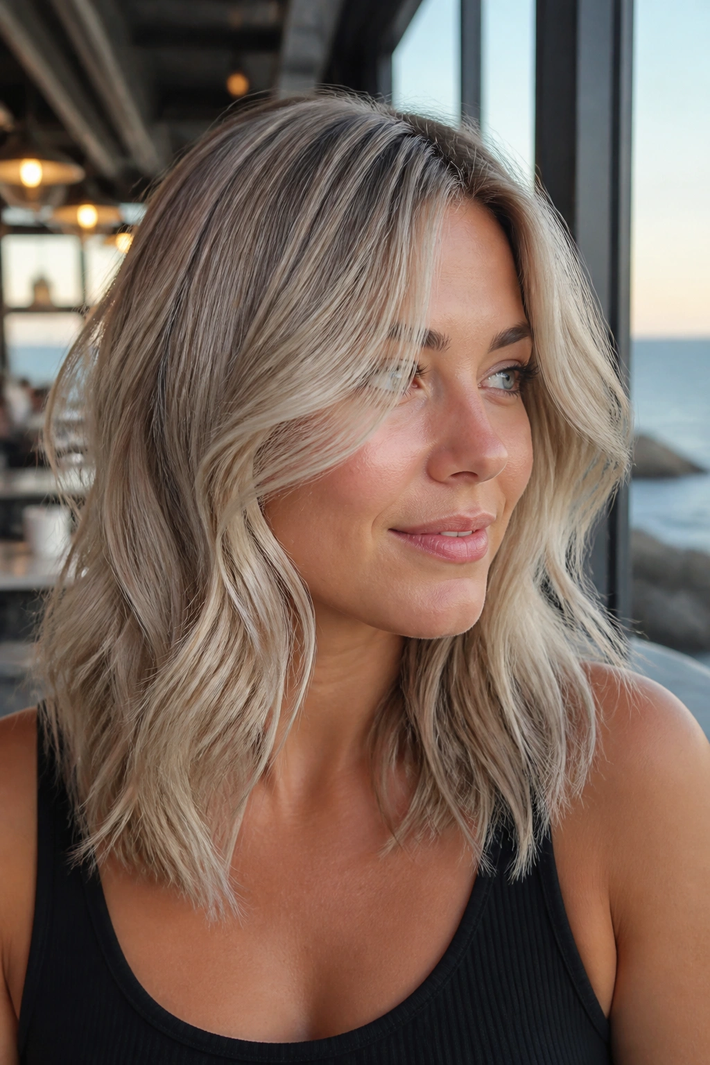 Portrait of a real woman with cool champagne ash blonde medium-length hair