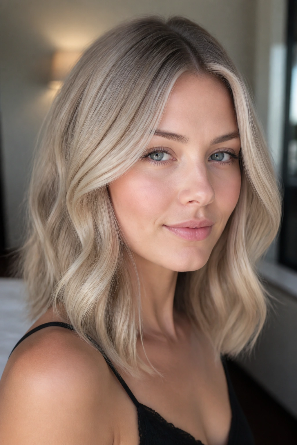 Close-up of a person with cool champagne ash blonde and satin-like shine.