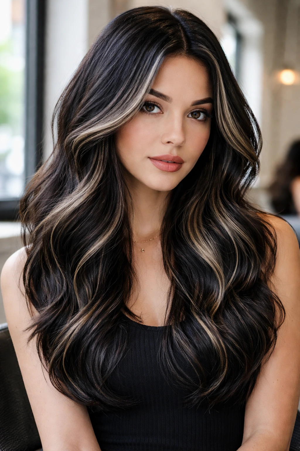Close-up of a woman with champagne ash lowlights in black hair at a salon