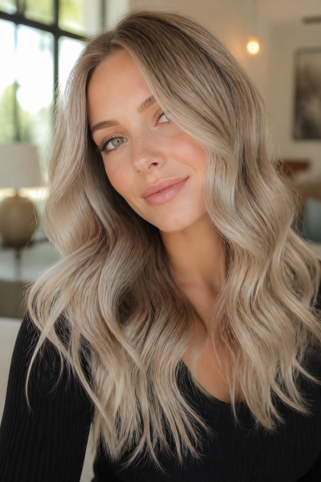 Portrait of a real woman with cool champagne ash blonde waves framing her face.