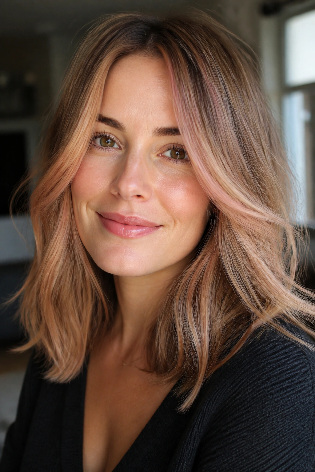 Close-up of a woman with champagne auburn face frame highlighting cheekbones