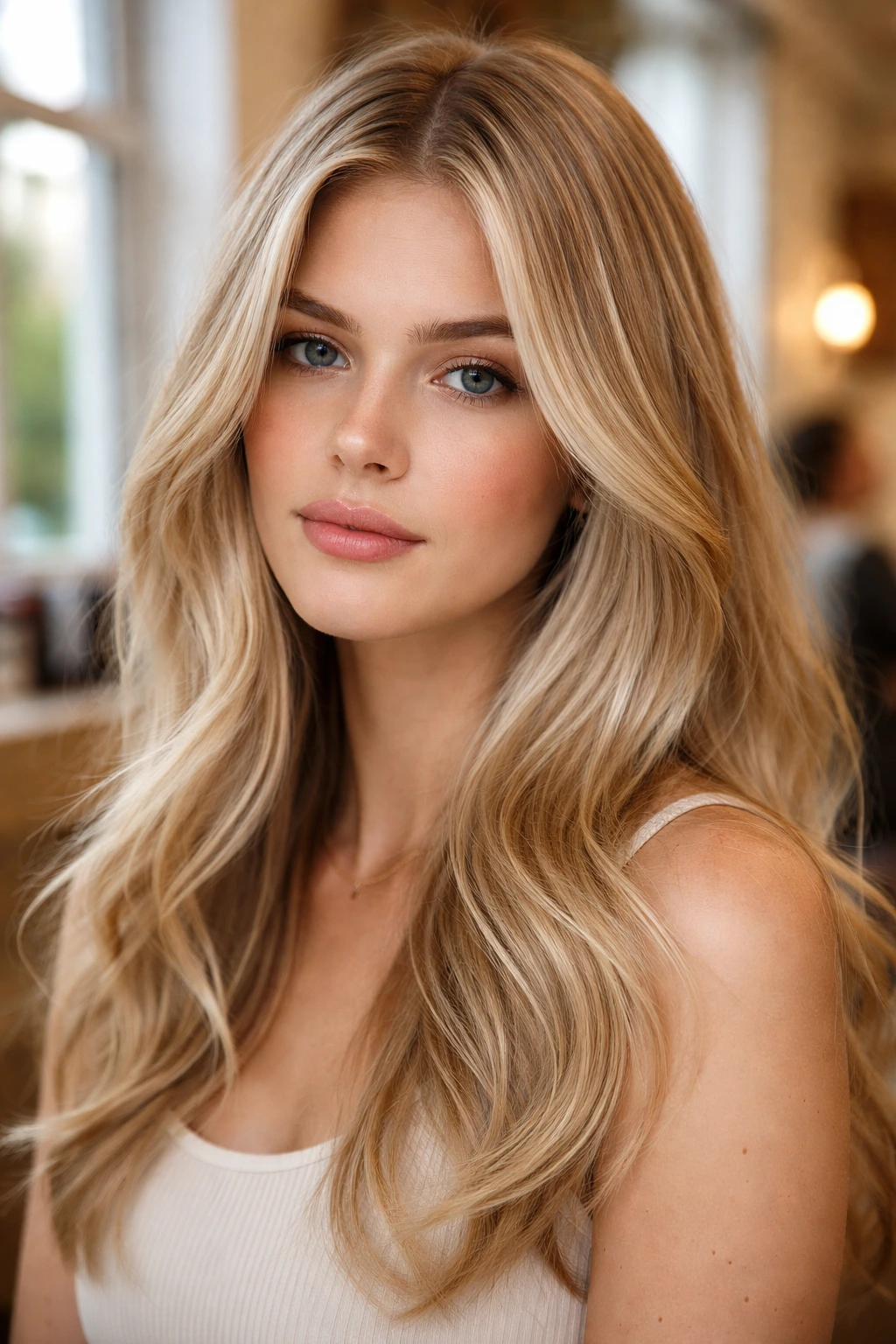 Close-up portrait of a real woman with champagne babylights in her hair under natural window light.