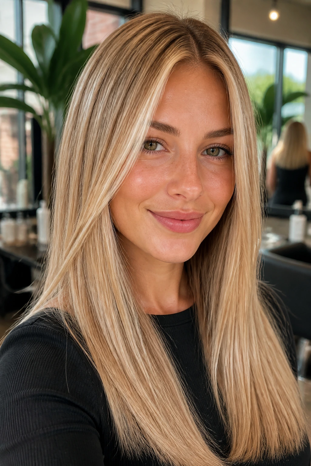 Close-up of a real woman with straight blonde hair displaying champagne balayage with soft highlights.