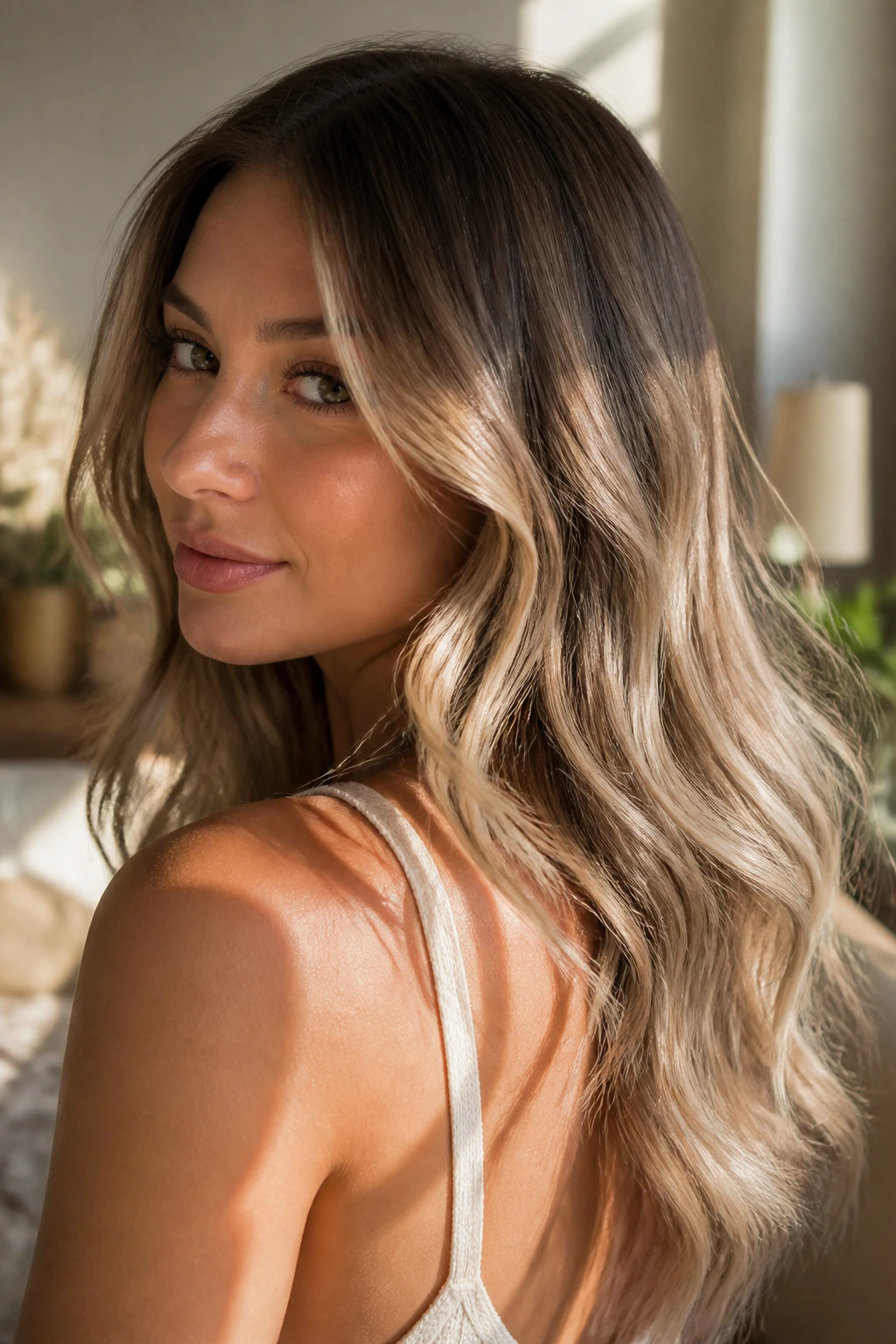 Champagne platinum balayage on brown hair in a sunlit room