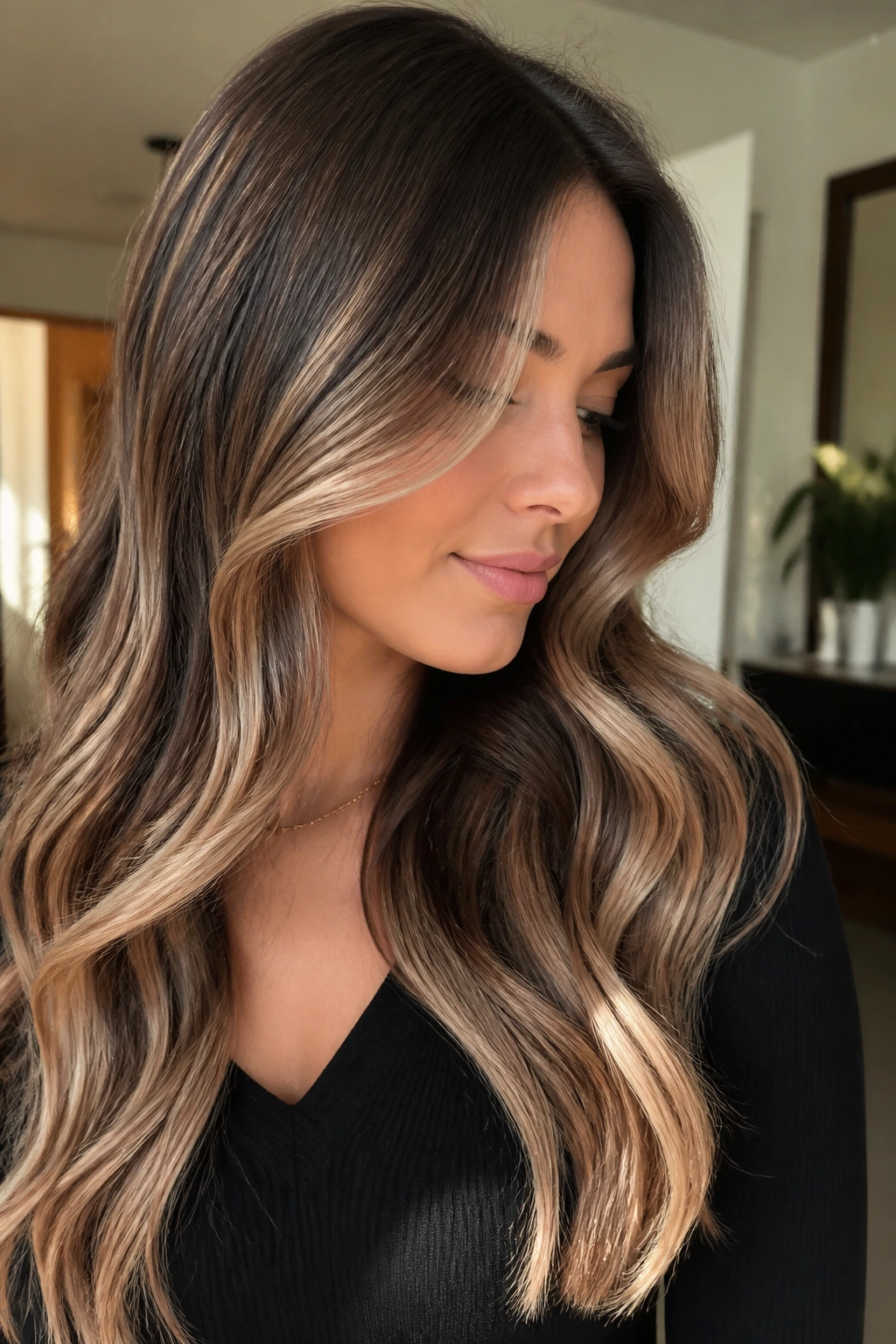 Champagne balayage on chocolate brown hair close-up