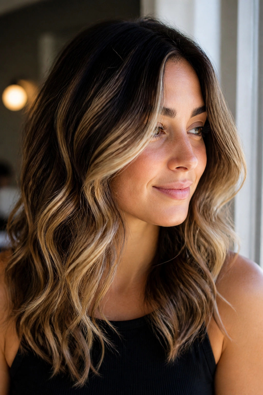 Close-up portrait of a real woman with champagne balayage on dark brown hair in soft daylight.