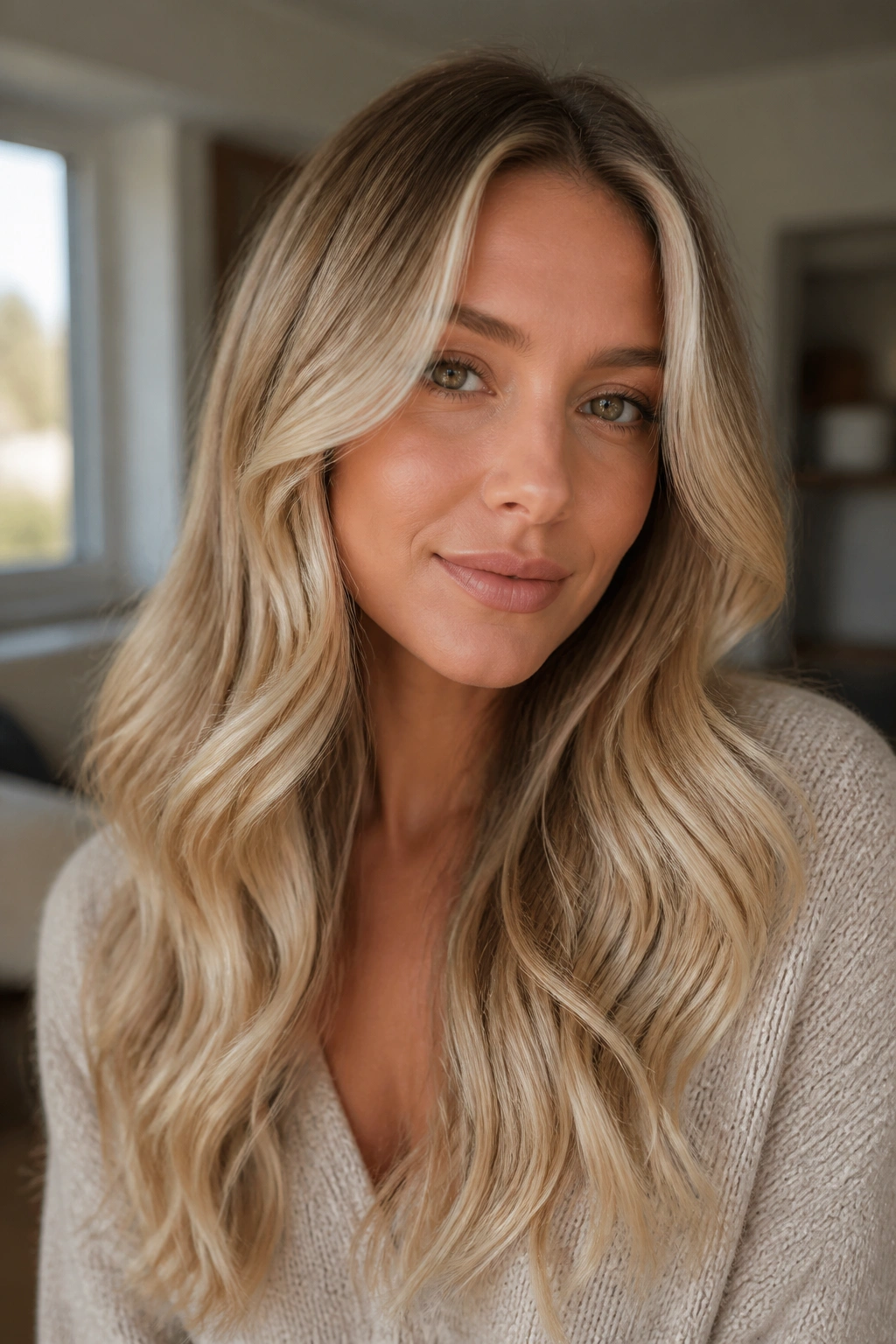 Real woman with champagne balayage and face-framing brightness