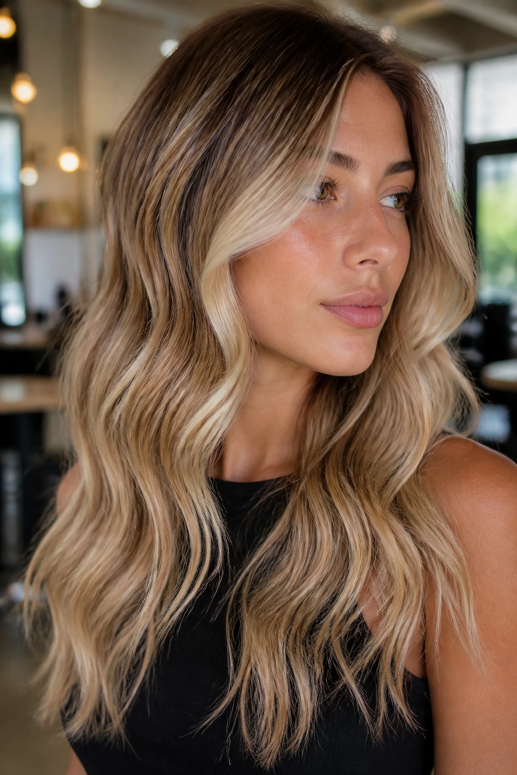Close-up portrait of a real woman with champagne beige balayage on wavy hair