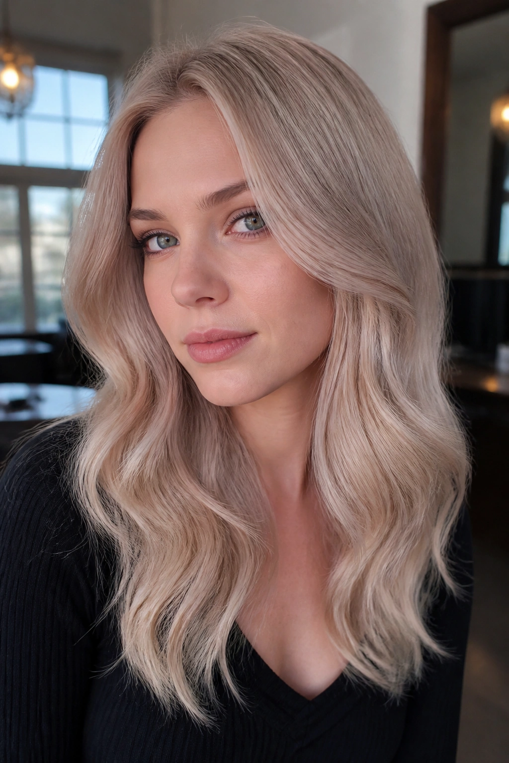 Close-up of cool champagne beige blonde hairstyle on a real person.