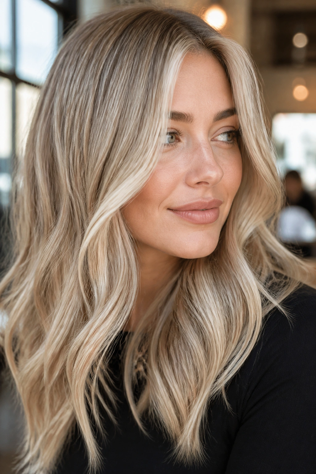 Portrait of a real woman with champagne beige hair and babylights in bright window light.