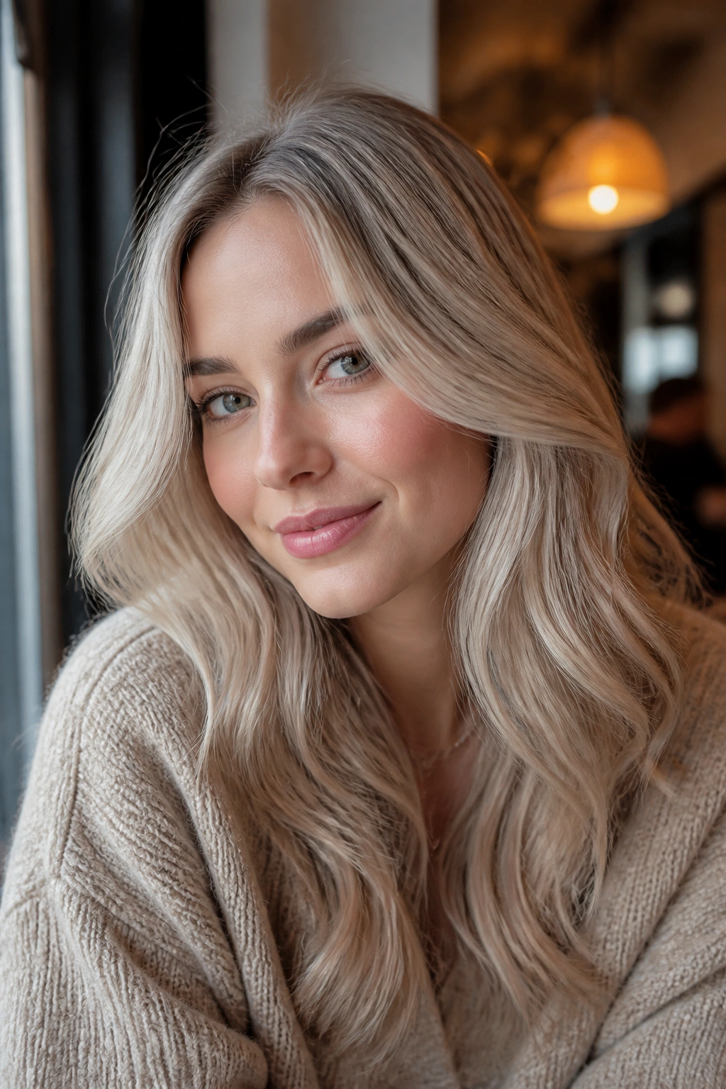 Portrait of a person with champagne beige blonde hair and cool finish
