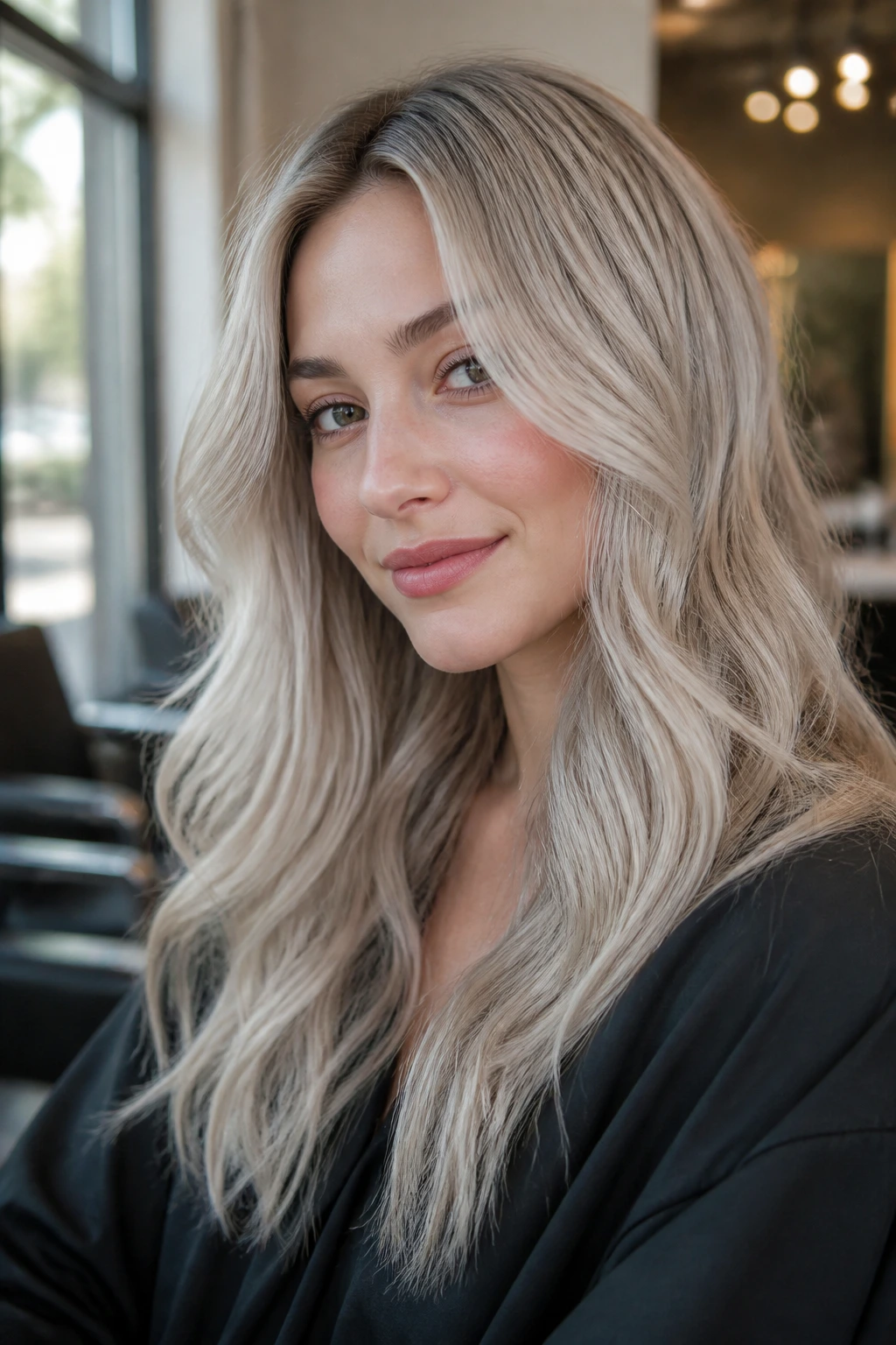 Close-up of a woman with champagne beige blonde with a cool silver sparkle in natural light
