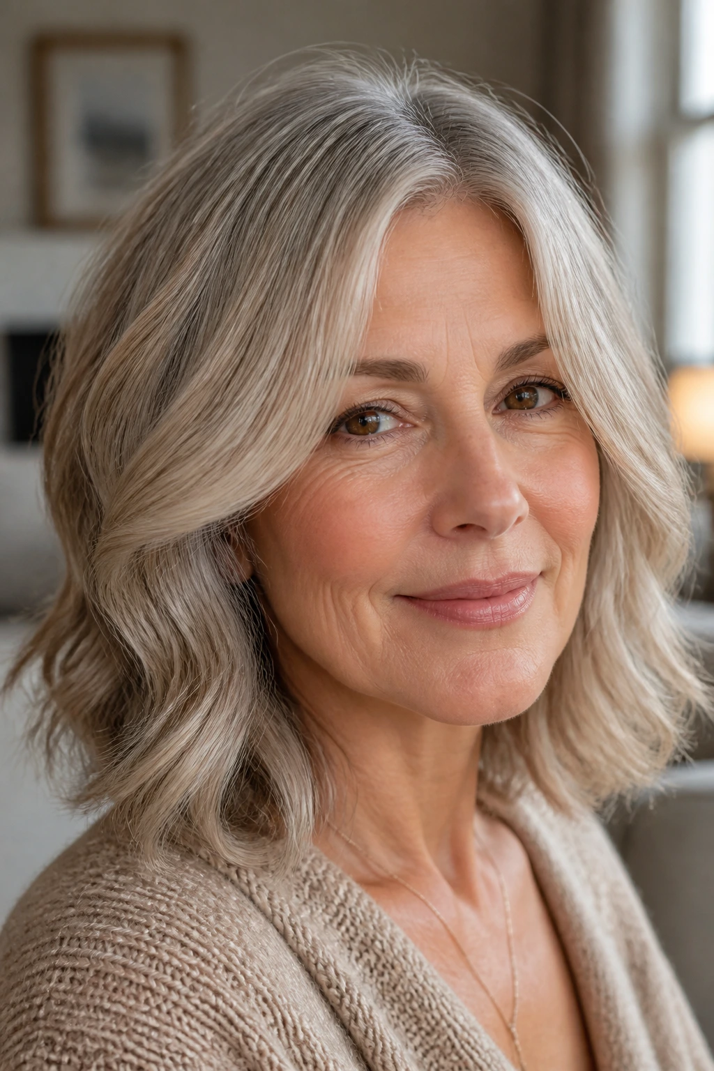 Close-up of a real woman with champagne beige gray hair in natural light