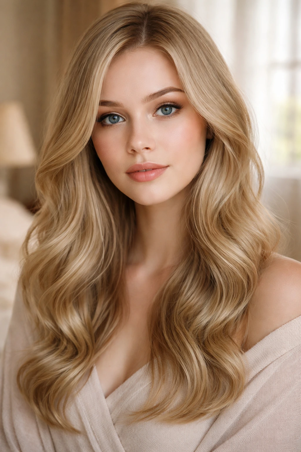 Close-up portrait of a real person with soft champagne beige hair and subtle golden undertones.