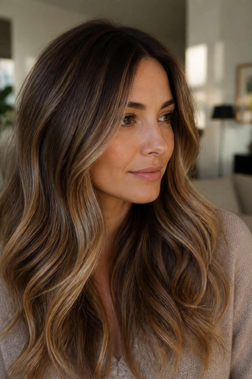 Close-up of a real woman's chestnut brown hair with champagne beige highlights in a softly lit living room