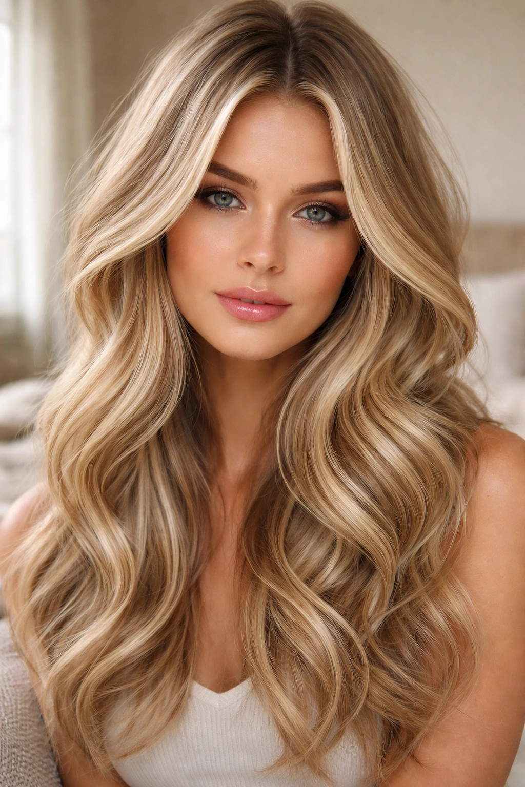 Portrait of a real woman with champagne blonde hair and beige ribbons.