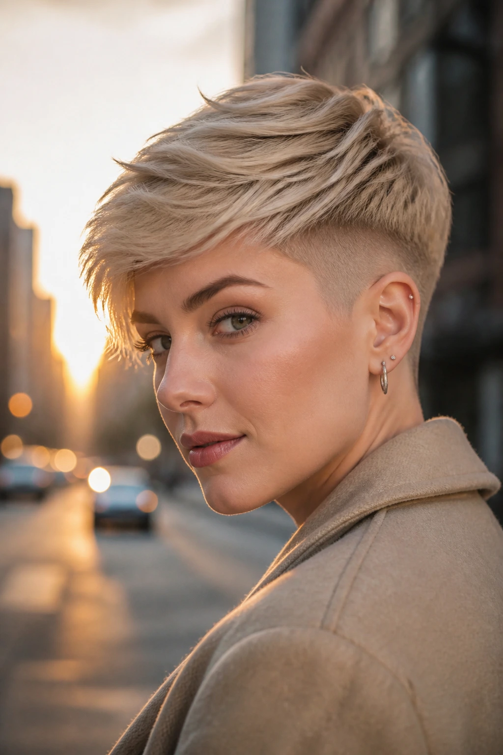 Portrait of a real woman with champagne beige undercut pixie