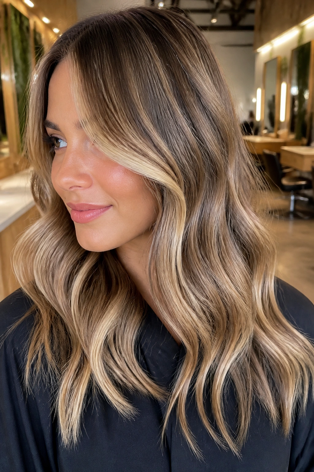 Portrait of a real woman with champagne blond gloss lights on brown hair