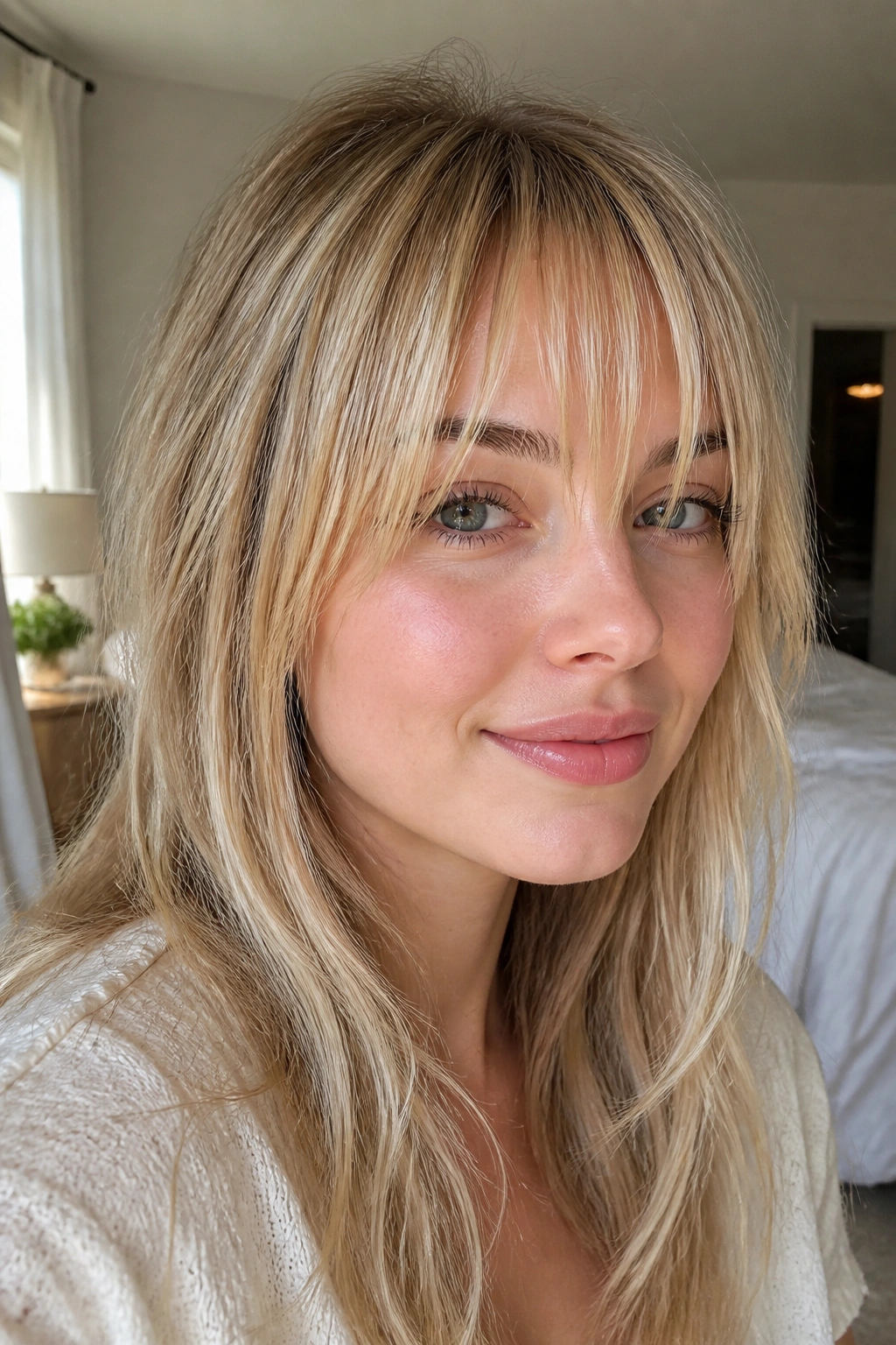 Portrait of a real woman with champagne blonde piecey bangs and airy separation.