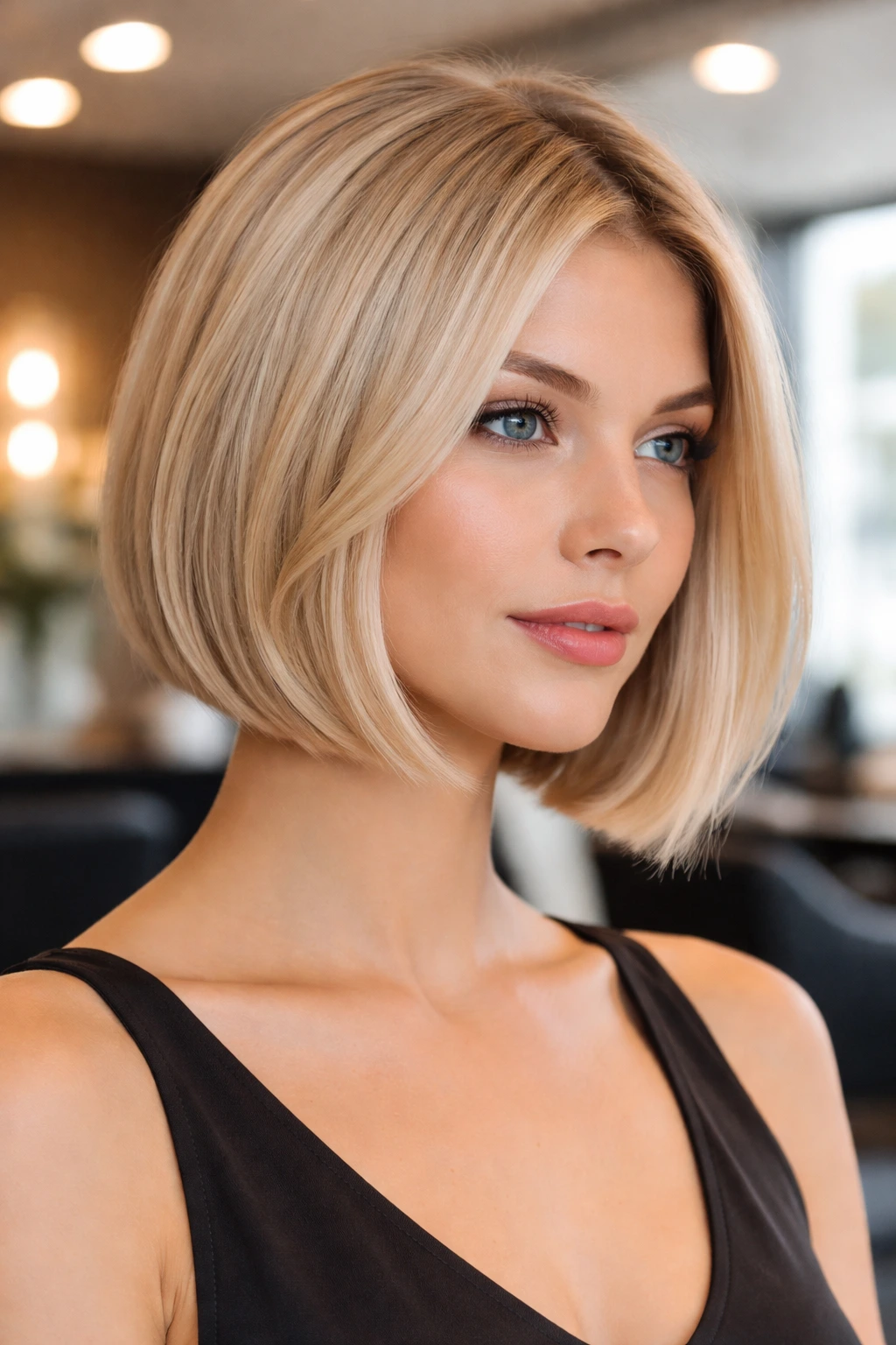 Portrait of a real woman with champagne blonde bob hairstyle.