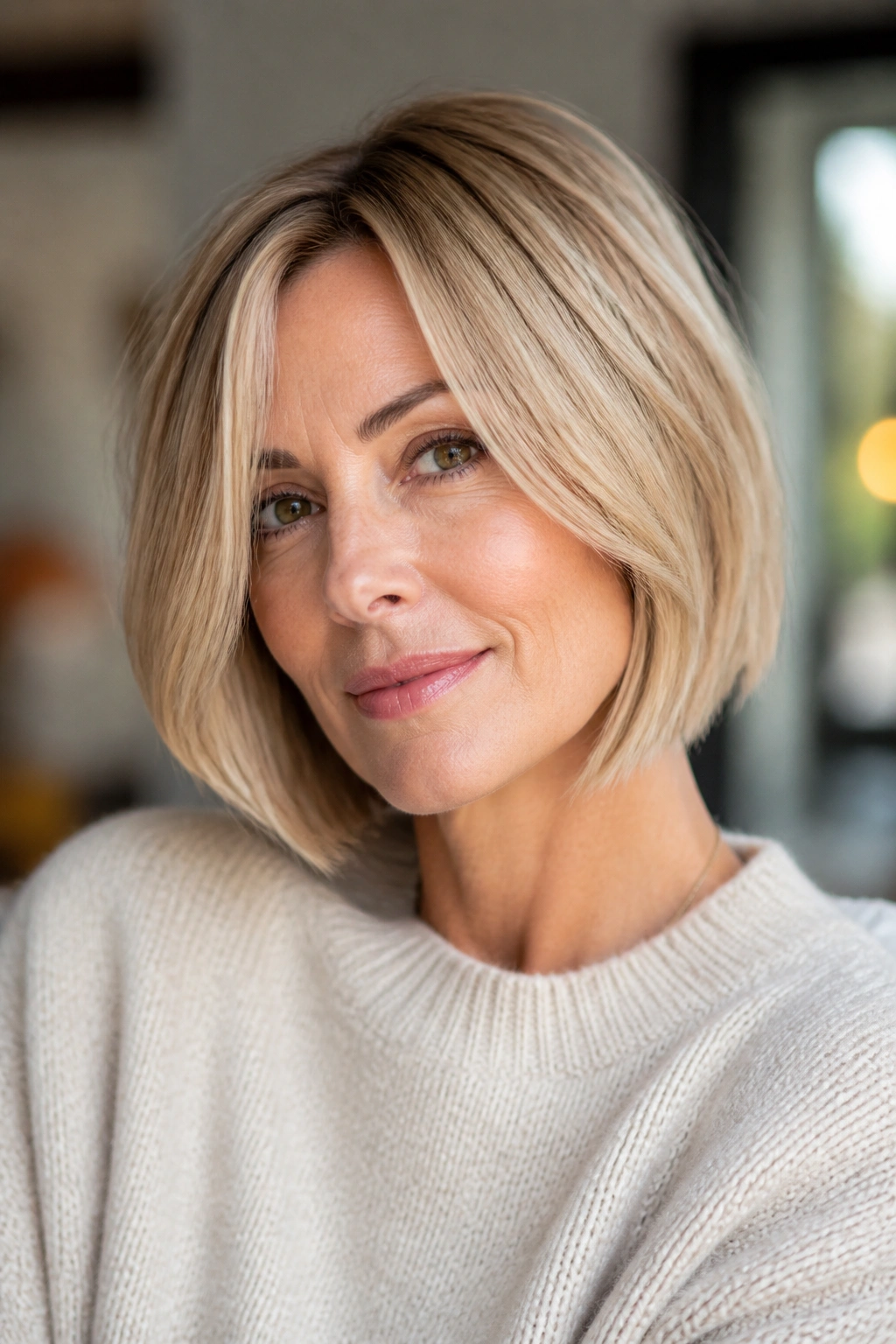 Portrait of a real woman with champagne blonde bob showing soft warmth