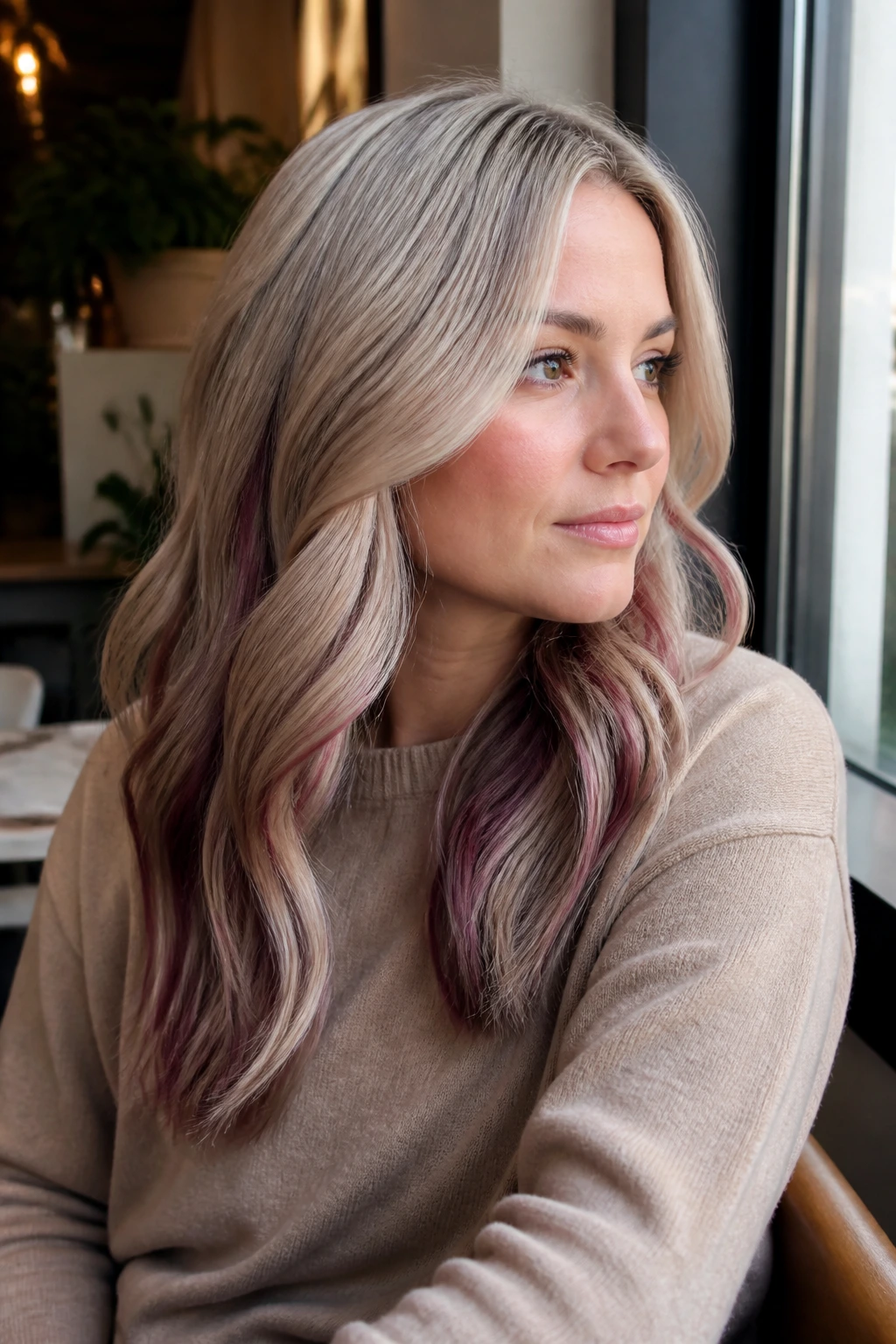 Real woman with champagne blonde hair and burgundy lowlights