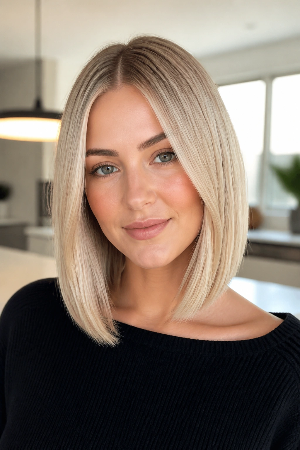 Woman with sleek center-part lob in champagne blonde color.