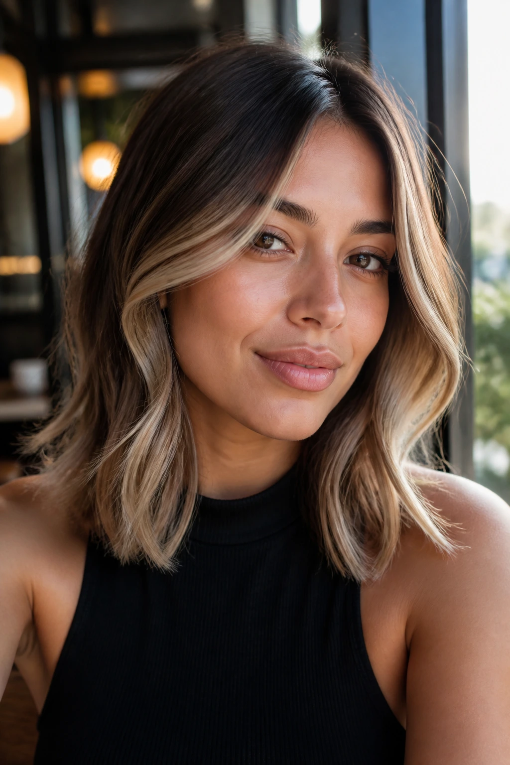 Portrait of a real woman with champagne blonde highlights around cheekbones on a midi cut.