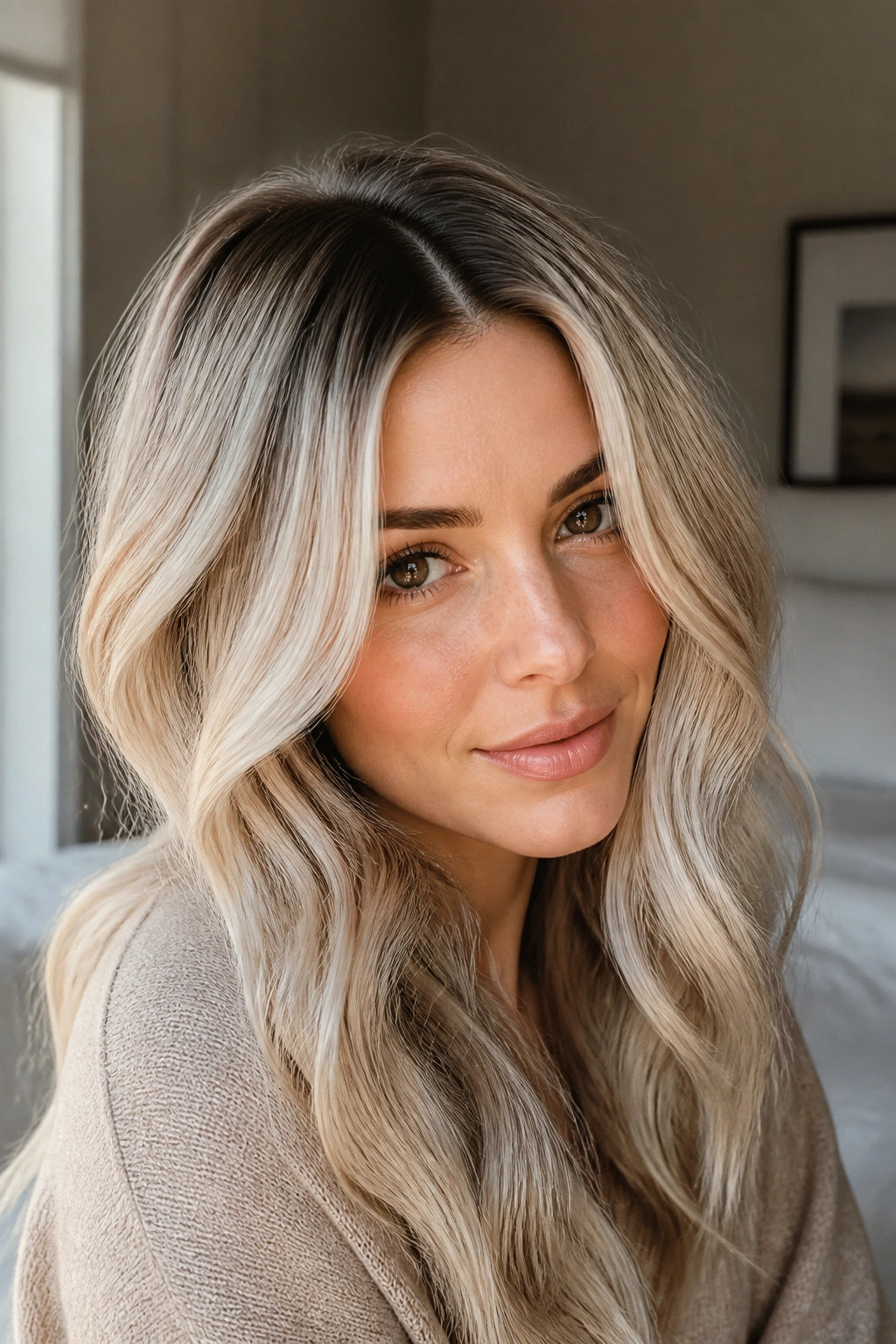 Close-up portrait of a woman with champagne white blonde hair and cocoa roots in soft waves
