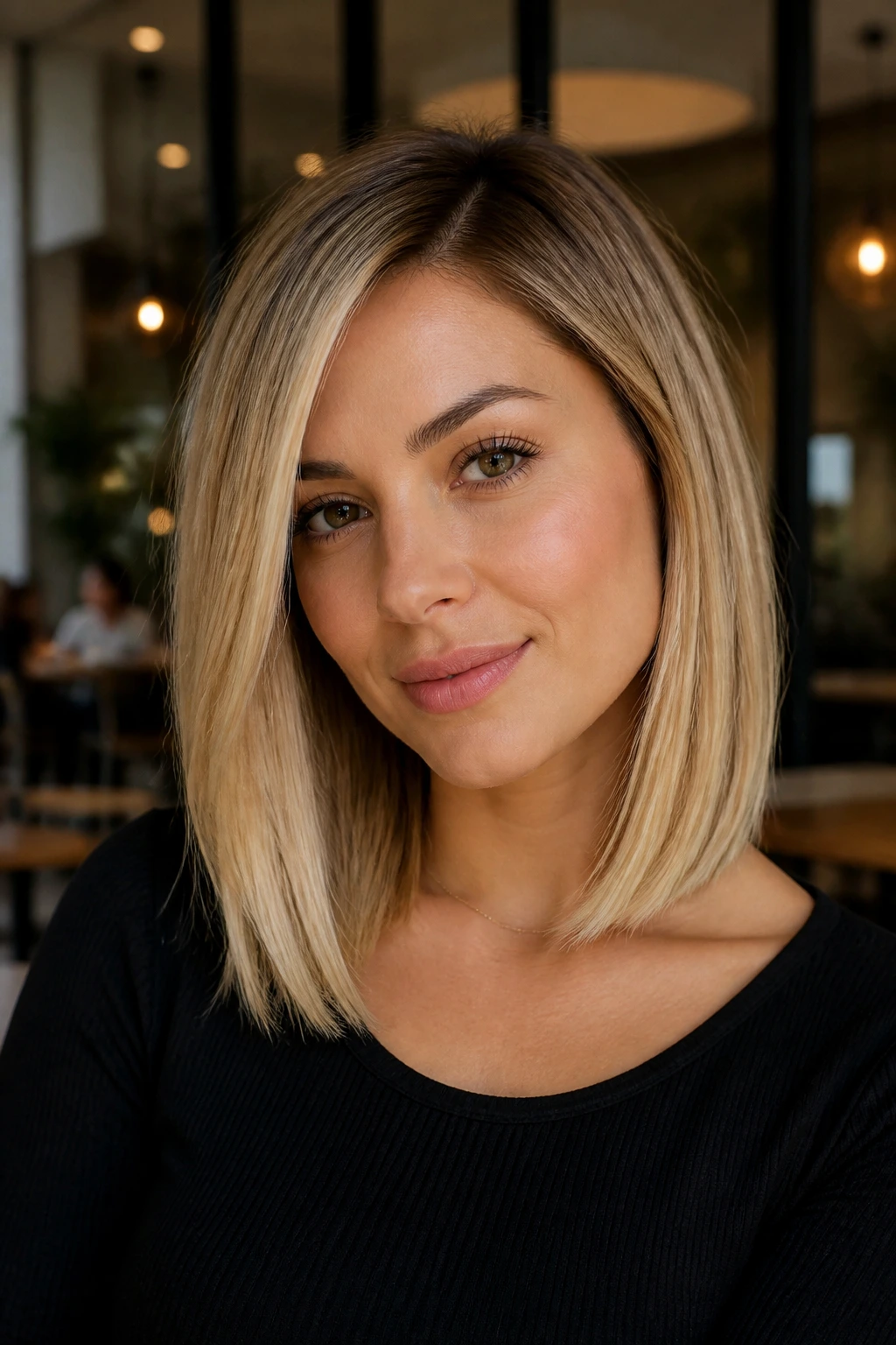 Real woman with champagne blonde collarbone lob in soft cafe light