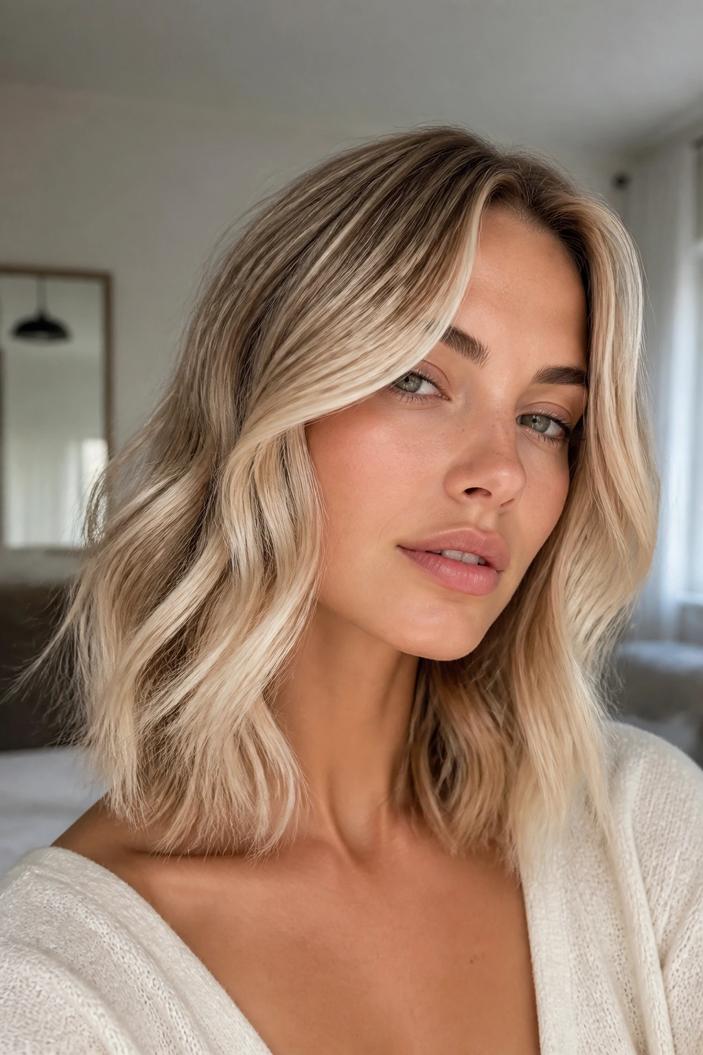 Portrait of a person with champagne blonde collarbone waves