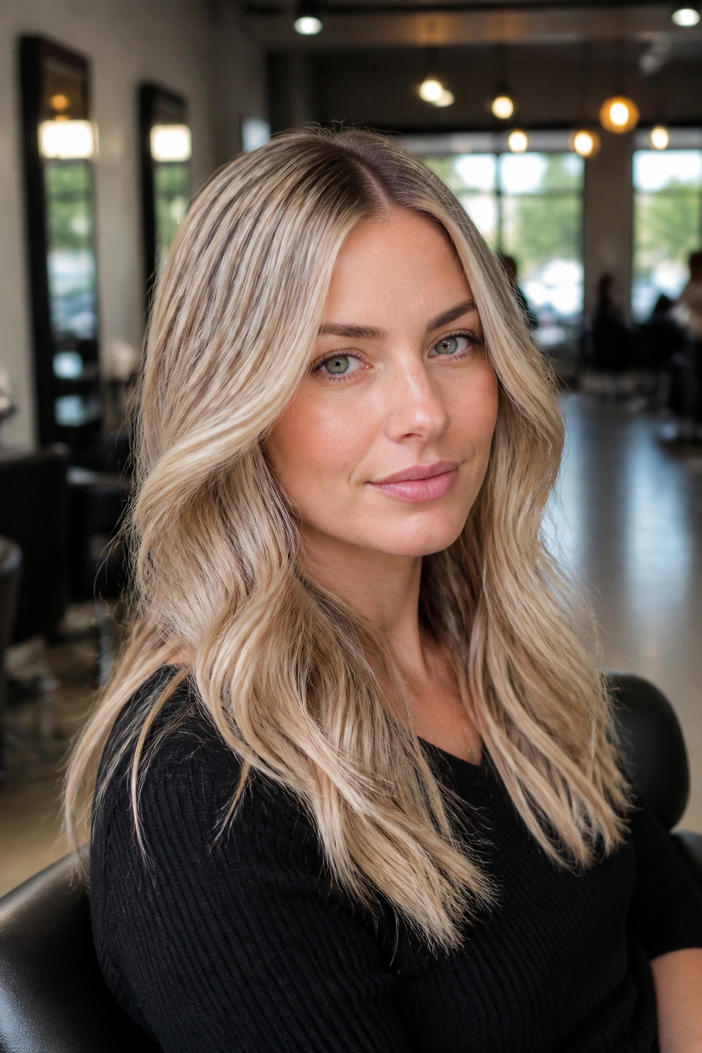 Close-up of a real woman with classic champagne blonde hair balanced for cool skin tones