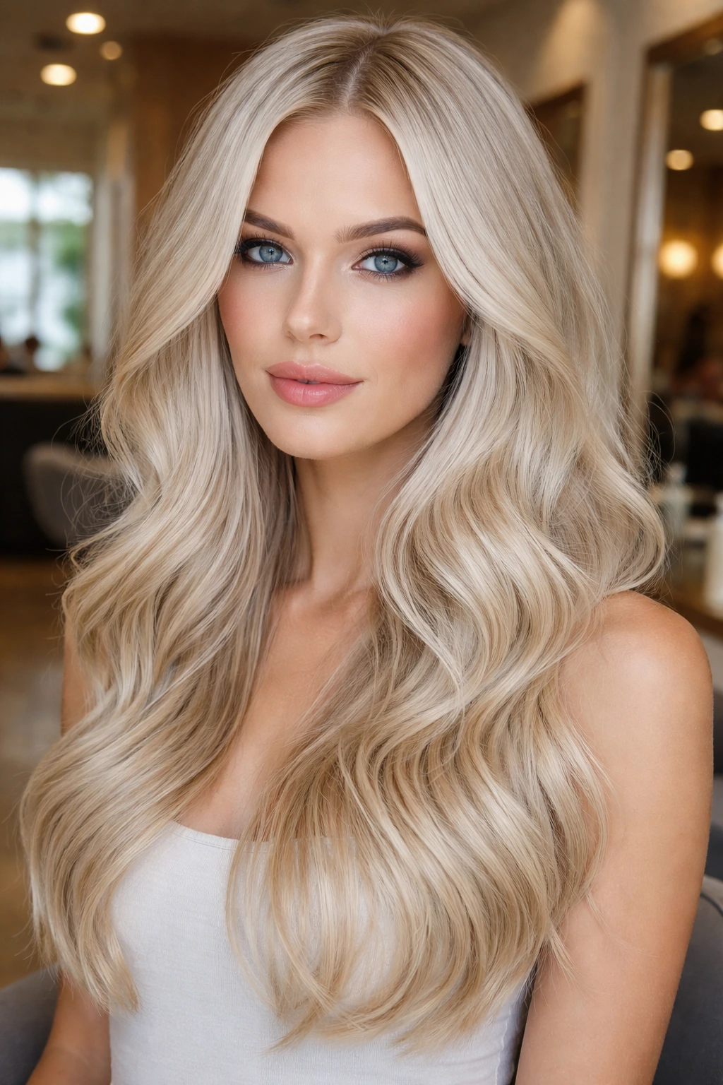 Close-up portrait of a real woman with cool-toned champagne blonde hair in a chic salon.