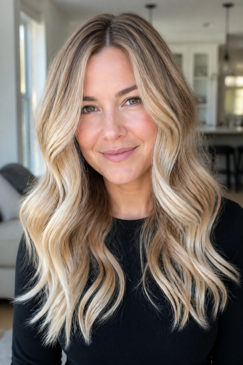 Real woman's hair with champagne and cream balayage ombre
