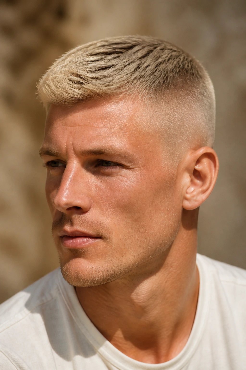 Portrait of a man with champagne blonde crew cut under soft lighting