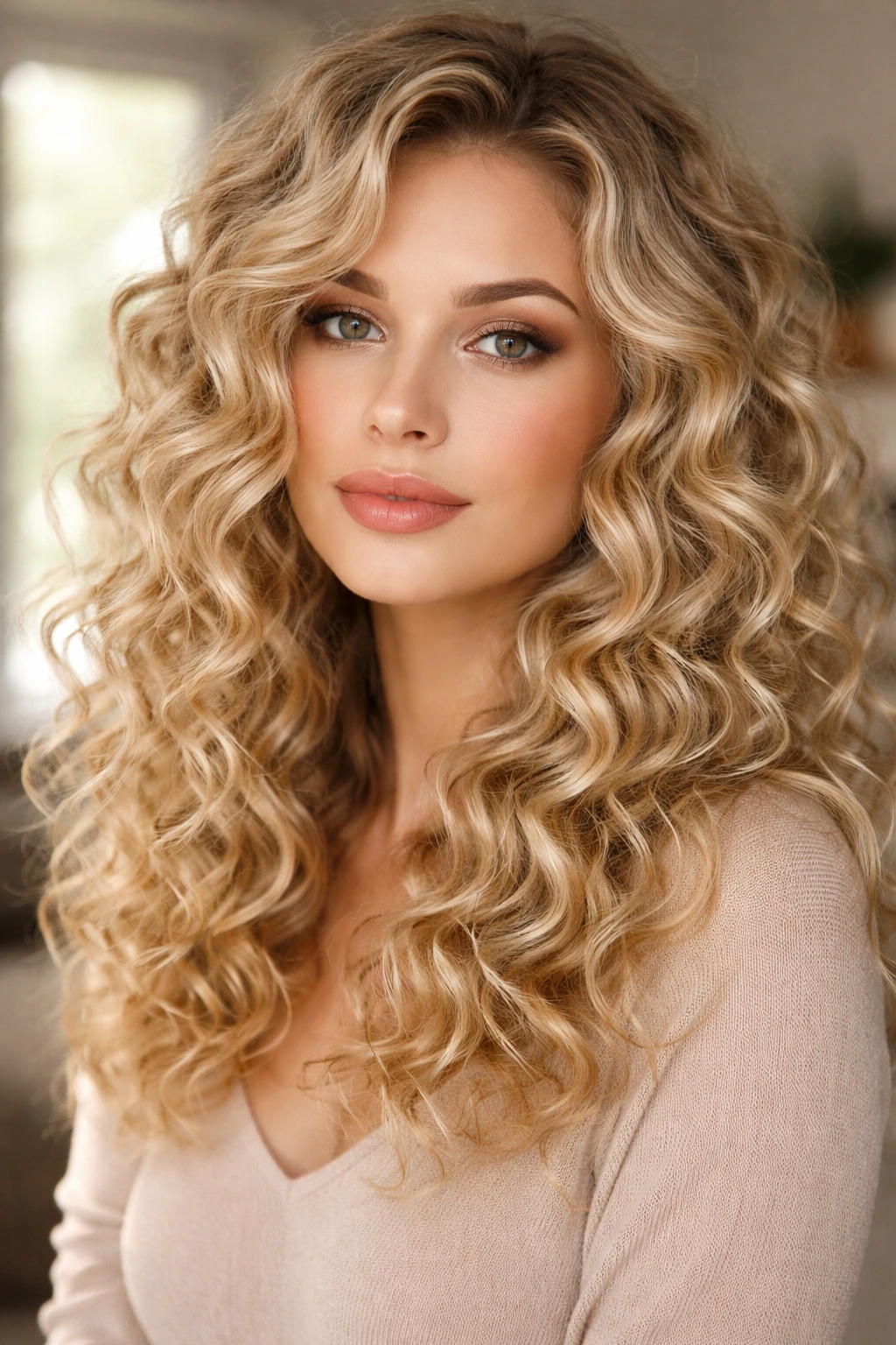 Close-up of champagne blonde curls on a real person