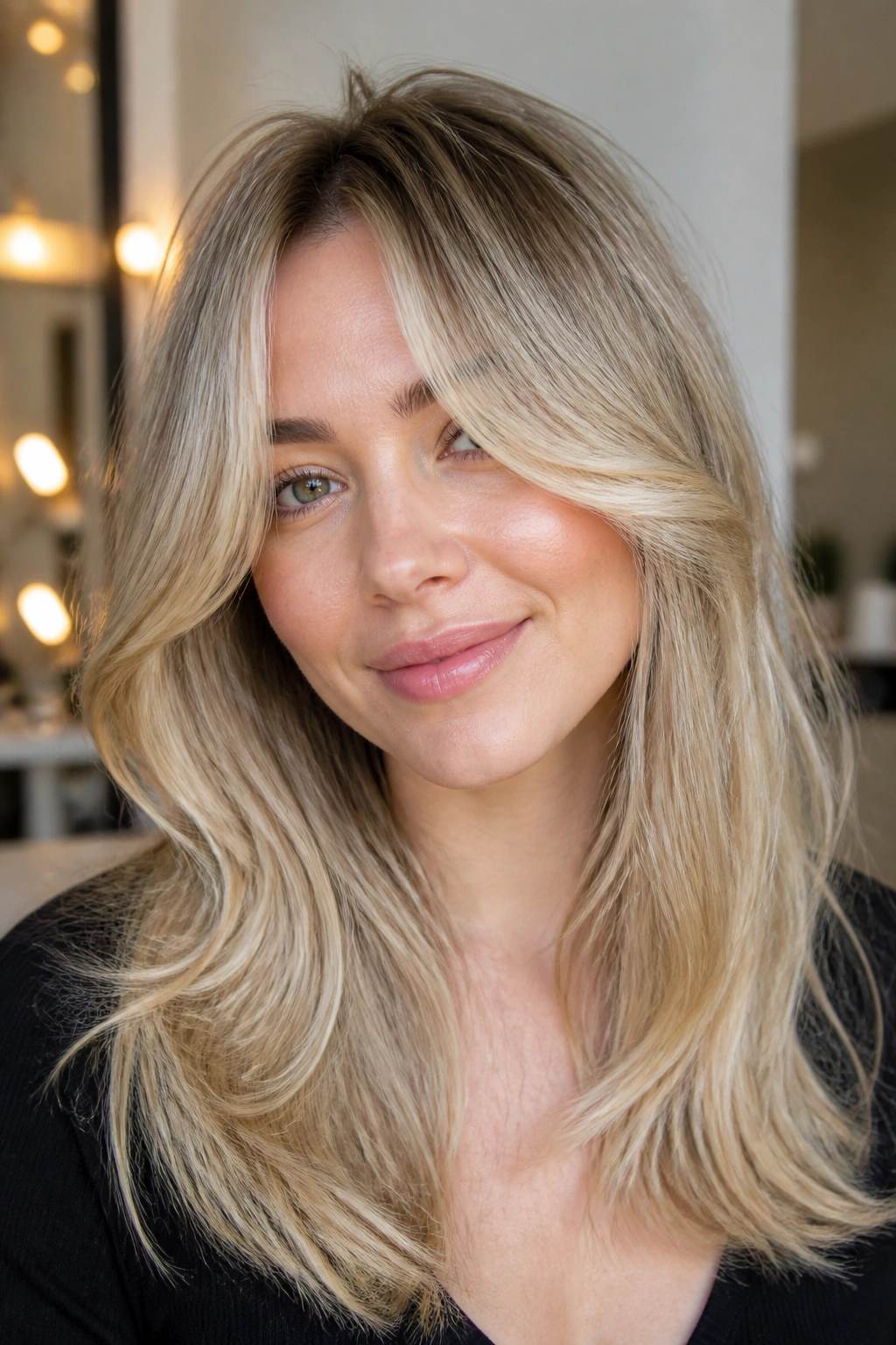Close-up of a woman with champagne blonde and curtain bangs