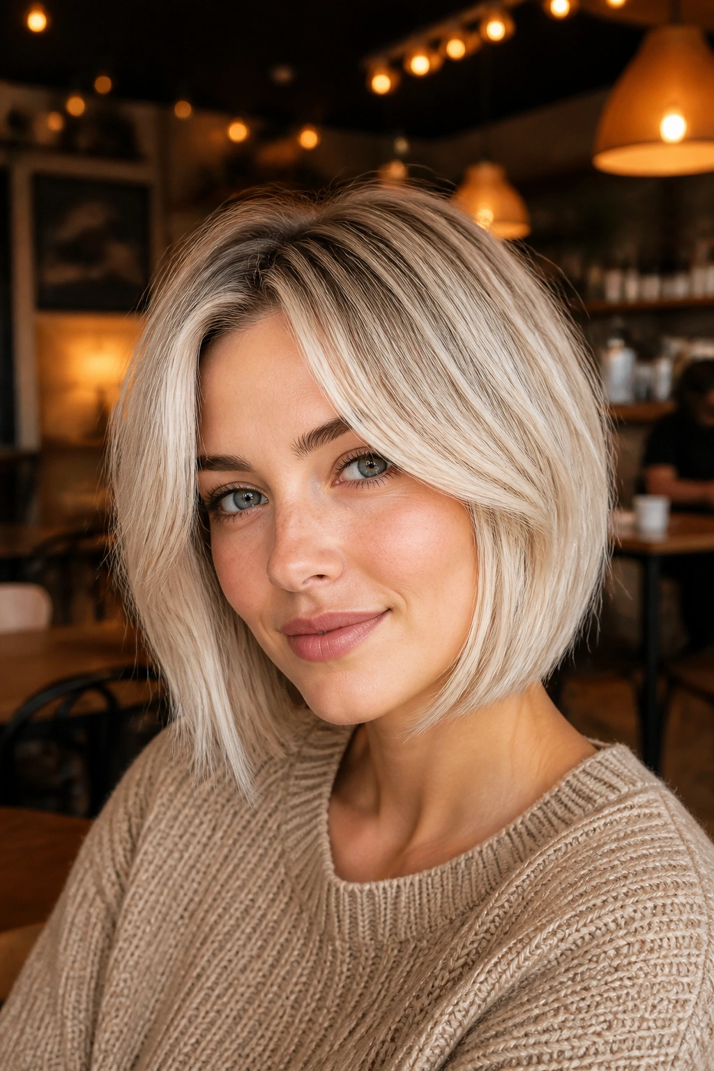 Portrait of real woman with champagne blonde bob and curtain bangs in warm cafe light