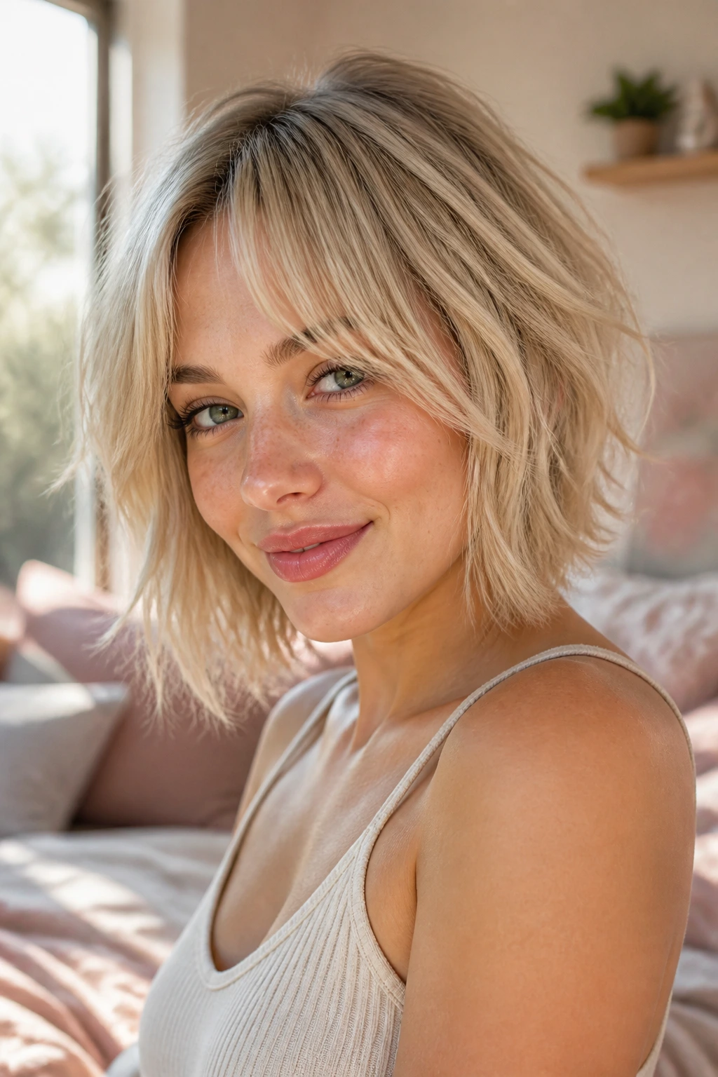 Real woman with champagne blonde shag and micro curtain bangs in morning light