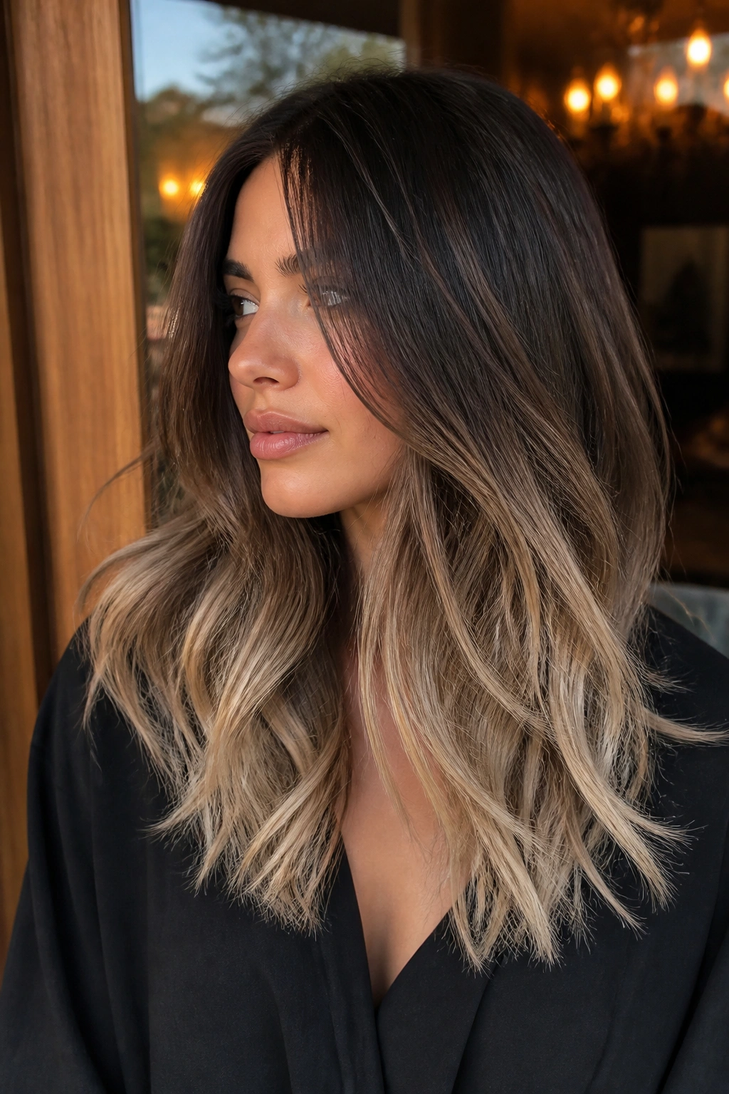Close-up of a real woman with champagne blonde ends on dark brown hair