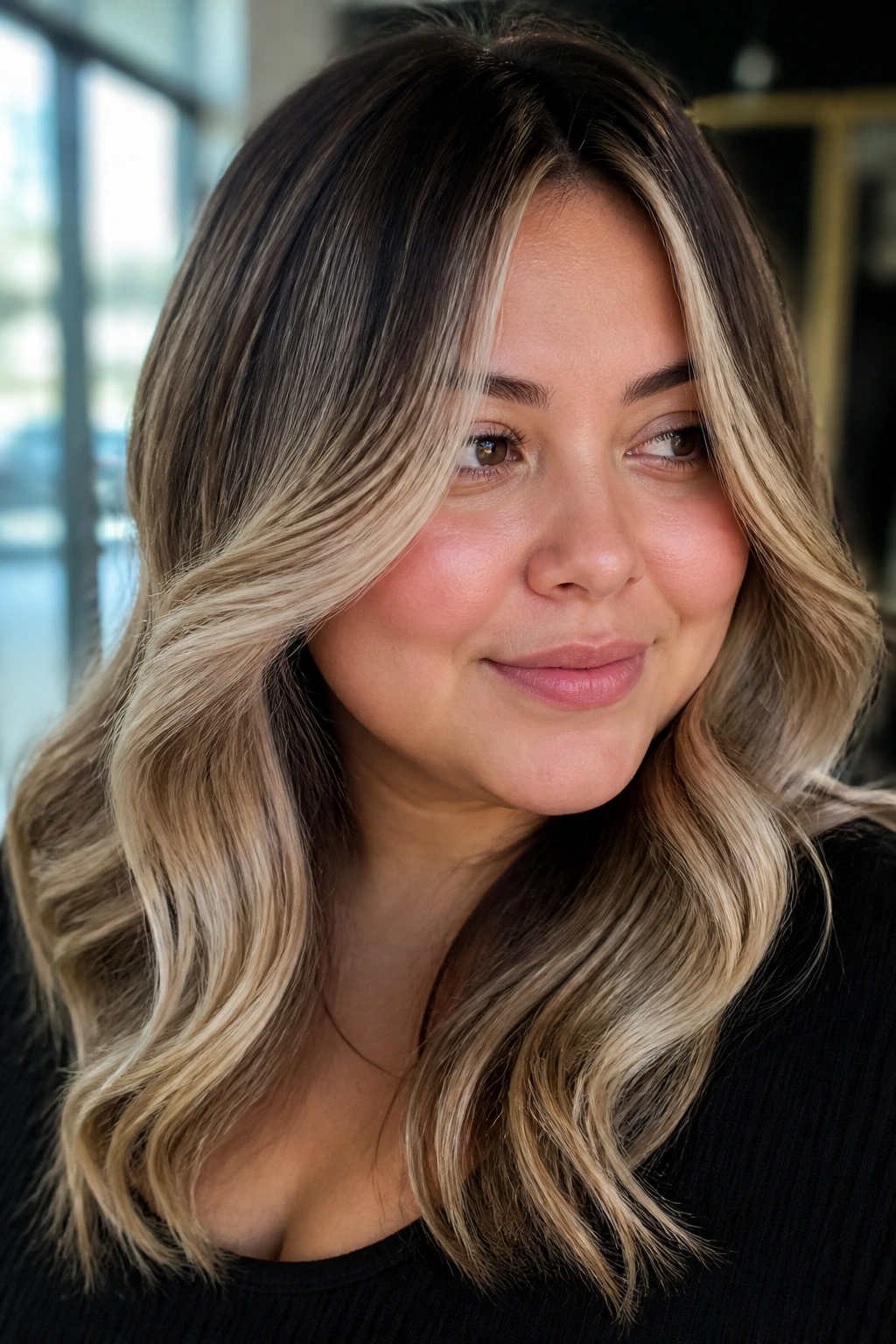 Portrait of a real woman with champagne blonde face-framing ombre