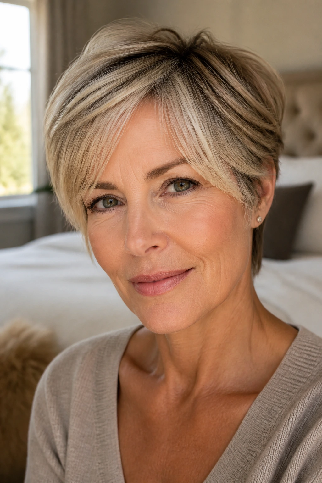 Close-up of a real woman with short hair showing champagne face-framing pieces under warm window light
