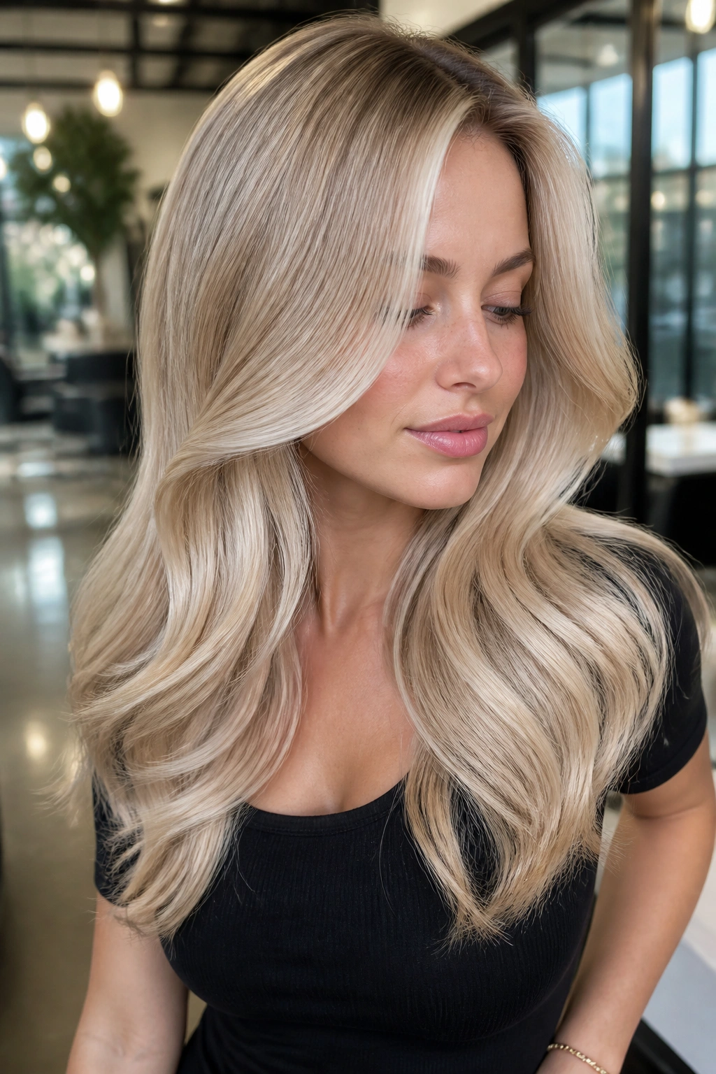 Close-up of a real woman with champagne-gloss blonde hair on a prelightened base in a bright salon