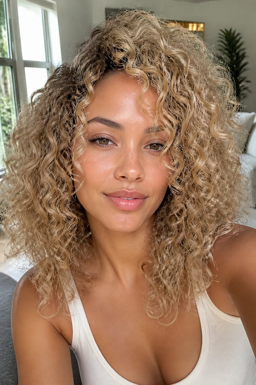 Close-up of a person with champagne blonde hair color in bright room